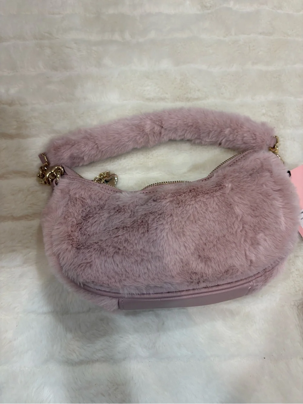 Juicy Couture Blush Pink Faux Fur Shoulder Bag with Gold Chain